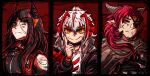  +_+ 1boy 2girls arknights black_jacket brown_cape cape demon_horns eyepatch gamma_(gaemms_chamois) grey_hair highres hoederer_(arknights) horns ines_(arknights) jacket long_hair long_sleeves messy_hair multicolored_hair multiple_girls open_clothes open_jacket red_hair scar scar_on_face shirt short_hair smile split_mouth streaked_hair upper_body w_(arknights) white_shirt yellow_eyes 