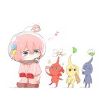  1girl blue_eyes bocchi_the_rock! bud creature flower gotou_hitori gotou_hitori_(octopus) helmet ijichi_nijika jacket kita_ikuyo leaf long_hair one_side_up pants pikmin_(creature) pikmin_(series) pink_hair pink_jacket pink_pants rebecca_(keinelove) simple_background solo track_suit very_long_hair white_background white_flower yamada_ryou 