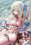  1girl bare_shoulders bikini blue_eyes blue_hair braid breasts cleavage detached_sleeves fate/grand_order fate_(series) flower french_braid gold_trim gradient_hair hair_flower hair_ornament hair_ribbon large_breasts long_hair looking_at_viewer morgan_le_fay_(fate) morgan_le_fay_(water_princess)_(fate) multicolored_hair ponytail ribbon shino_(eefy) shore sidelocks smile solo swimsuit thighlet thighs twin_braids very_long_hair wet white_bikini white_hair 