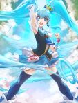  1girl arm_up artist_name blue_eyes blue_hair blue_necktie blue_skirt blue_thighhighs boots brooch clear_glass_(mildmild1311) cloud cloudy_sky commentary_request crown crown_hair_ornament cure_princess earrings hair_ornament happinesscharge_precure! heart heart_brooch heart_hair_ornament highres jewelry long_hair looking_at_viewer magical_girl mini_crown necktie open_mouth pouch precure serious shirayuki_hime signature skirt sky solo thighhighs twintails twitter_username vest wind wing_earrings wrist_cuffs 