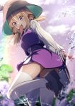 1girl :p absurdres ass black_footwear blonde_hair blurry blush breasts brown_headwear cloud commentary_request darumoon depth_of_field flower from_behind hair_ribbon hat high-waist_skirt highres horizontal_pupils hydrangea large_breasts leg_up light_blush loafers long_tongue looking_at_viewer looking_back looking_down medium_hair miniskirt moriya_suwako outdoors parted_bangs purple_flower purple_skirt purple_vest red_ribbon ribbon shirt shoes skirt skirt_set sky smile solo standing thighhighs thighs tongue tongue_out touhou vest water white_shirt white_thighhighs wide_sleeves yellow_eyes 