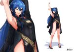  1girl absurdres armpits arms_up artist_name blue_archive blue_eyes blue_hair breasts chinese_clothes cosplay dragon_print fire_emblem fire_emblem_awakening full_body hair_between_eyes high_heels highres jacket jacket_partially_removed kamilisme kisaki_(blue_archive) kisaki_(blue_archive)_(cosplay) long_hair looking_at_viewer lucina_(fire_emblem) navel one_eye_closed shadow signature simple_background solo stretching thighs white_background zoom_layer 
