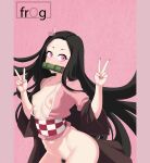  1girl artist_name bamboo bit_gag black_hair breasts checkered_sash demon_girl double_v female_pubic_hair frog_(nmuv8433) gag japanese_clothes kamado_nezuko kimetsu_no_yaiba kimono long_hair nipples pink_eyes pink_kimono pink_ribbon pubic_hair ribbon small_breasts solo v 