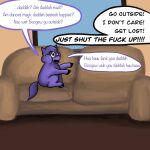  baby_talk cuddlybloodily dialogue english_text feral fluffy_pony fur furniture hi_res male offscreen_character purple_body purple_fur sofa solo text window 