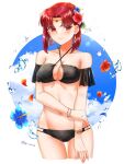  1girl alternate_costume bikini black_bikini breasts circlet cleavage cloud commentary earrings fire_emblem fire_emblem:_the_binding_blade flower hair_flower hair_ornament hand_on_own_arm highres jewelry looking_to_the_side medium_breasts melady_(fire_emblem) red_eyes red_hair short_hair sky swimsuit tsukimura_(d24f4z8j3t) 