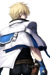  1boy ass blonde_hair blue_eyes blue_gloves ebi_pri_shrimp from_behind gloves guilty_gear guilty_gear_strive holding holding_sword holding_weapon jacket jacket_on_shoulders ky_kiske looking_to_the_side male_focus pants partially_fingerless_gloves shaded_face sheath short_hair simple_background solo sword weapon white_background white_jacket 