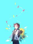  08_cloudy0 1girl aqua_background arknights arms_behind_back black_pants black_shirt closed_eyes commentary cowboy_shot english_commentary exusiai_(arknights) floating_hair flower halo highres holding holding_flower jacket looking_up pants petals shirt simple_background smile solo sunflower white_jacket 