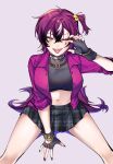  1girl ;p absurdres black_gloves black_hair black_nails black_skirt commentary crop_top doppio_dropscythe eyebrow_piercing eyeshadow fingerless_gloves genderswap genderswap_(mtf) gloves halterneck highres jacket kaco0001 makeup nijisanji nijisanji_en one_eye_closed one_side_up open_clothes open_jacket piercing purple_eyeshadow purple_hair purple_jacket sitting skirt solo symbol-only_commentary tongue tongue_out virtual_youtuber white_hair yellow_eyes 