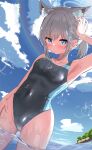  1girl absurdres animal_ear_fluff animal_ears ass_visible_through_thighs black_one-piece_swimsuit blue_archive blue_eyes blue_sky blush breasts cloud competition_swimsuit covered_navel cowboy_shot cross_hair_ornament day extra_ears grey_hair hair_ornament halo highres looking_at_viewer low_ponytail medium_breasts medium_hair mismatched_pupils multicolored_clothes multicolored_swimsuit official_alternate_costume one-piece_swimsuit outdoors partially_submerged shiroko_(blue_archive) shiroko_(swimsuit)_(blue_archive) sidelocks sky solo spiral_(udon) standing sweatdrop swimsuit wading water wolf_ears 