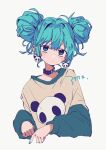  1girl 39 animal_print baggy_clothes bear_print belt_collar blue_eyes blue_hair blue_nails bokarokaku collar double_bun hair_bun hair_ornament hatsune_miku highres light_blue_hair long_hair messy_hair panda_hair_ornament panda_print sweater very_long_hair white_background 