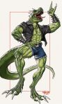 abs absurd_res anthro bottomwear claws clothing dinosaur finbeard green_body hi_res jacket male muscular muscular_male pecs reptile rocco_(tallion) scales scalie shorts solo spikes spikes_(anatomy) theropod tongue topwear tyrannosaurid tyrannosaurus tyrannosaurus_rex 