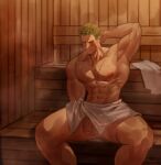  1boy abs alternate_muscle_size arm_behind_head bara berrrrrrrr7171 blush flaccid foreskin green_hair highres large_pectorals long_sideburns male_focus muscular muscular_male navel nipples one_piece pectorals penis penis_peek roronoa_zoro sauna scar scar_across_eye scar_on_chest short_hair shy sideburns solo spread_legs stomach sweat thick_thighs thighs topless_male very_sweaty 