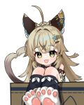  1girl :3 :d animal_ear_fluff animal_ears animal_hands black_choker black_socks box brown_hair cardboard_box cat_ears cat_feet cat_girl cat_paws cat_tail choker commentary detached_sleeves english_commentary genshin_impact green_eyes hair_between_eyes hair_ornament hairclip in_box in_container japanese_clothes kirara_(genshin_impact) kneehighs knees_up long_hair looking_at_viewer miyako_draw multiple_tails nekomata short_sleeves sidelocks simple_background sitting smile socks solo tail two_tails white_background 