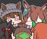  3girls :3 ahoge animal_ears black_hair blush_stickers bow brown_hair candy chibi commentary_request ear_bow ear_covers ear_ornament ears_through_headwear food grey_headwear hair_between_eyes hair_ornament hairclip horse_ears horse_girl jazz_jack kitasan_black_(umamusume) lollipop long_hair mejiro_bright_(umamusume) mouth_hold multiple_girls nakayama_festa_(umamusume) orange_hair puffy_short_sleeves puffy_sleeves purple_bow purple_eyes purple_shirt school_uniform shirt short_hair short_sleeves silence_suzuka_(umamusume) smile summer_uniform tracen_school_uniform umamusume 