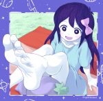  1girl absurdres aubrey_(omori) barefoot blanket blush bow colored_skin feet foot_focus grass hair_bow highres long_hair omori open_mouth oyatsu_(mk2) presenting_foot short_sleeves soles solo toenails toes white_skin 