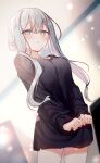  1girl blush breasts fuyukawa_kagari grey_eyes grey_hair hair_between_eyes hakanai_kimi_wa_moukou_wo_hajimeru highres kazutake_hazano long_hair long_sleeves medium_breasts shirt solo 