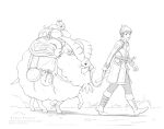  1boy alternate_costume armor artist_name belt boots buttons coat commentary copyright_name dubwool from_side greyscale grookey highres holding hop_(pokemon) inktober kazuko_(towa) leash looking_back male_focus monochrome open_mouth pants pokemon pokemon_(creature) pokemon_(game) pokemon_swsh rope short_hair shoulder_armor skwovet standing sword walking weapon 