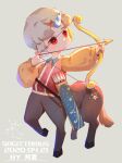  1boy archery arrow_(projectile) artist_name bow_(weapon) centaur chibi closed_mouth dated drawing_bow full_body grey_background grey_hair highres holding holding_bow_(weapon) holding_weapon horns long_sleeves looking_to_the_side multiple_legs original puffy_long_sleeves puffy_sleeves quiver red_eyes red_shirt sagittarius_(constellation) sagittarius_(zodiac) shirt short_hair single_horn solo standing_on_three_legs taur weapon yellow_sleeves yi_er_san 