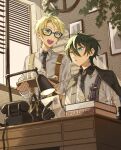  2boys absurdres aqua_eyes black_gloves black_jacket blonde_hair book collared_shirt commentary_request cup desk_lamp ensemble_stars! glasses gloves green_eyes green_hair grey_shirt hair_between_eyes heterochromia highres holding holding_tray jacket jacket_on_shoulders kagehira_mika lamp lapels long_sleeves male_focus multiple_boys necktie official_alternate_costume open_mouth phone picture_frame shirt short_hair sunglasses suspenders table teeth tray upper_body upper_teeth_only wednesday_108 yellow_eyes yuuki_makoto_(ensemble_stars!) 