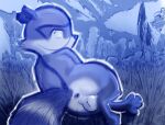  2023 anus balls butt detailed_background digital_media_(artwork) dreamworks feral genitals looking_back male mammal monochrome on_grass over_the_hedge perineum presenting procyonid raccoon ram_satinga rj_(over_the_hedge) signature solo 