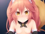  1girl animal_ear_fluff animal_ears black_sleeves blush breasts brown_eyes closed_mouth collarbone commentary_request detached_sleeves fate/extra fate_(series) fox_ears fox_girl fox_tail haryuu_(poetto) long_hair looking_at_viewer nipples nose_blush pink_hair small_breasts smile solo tail tamamo_(fate) tamamo_no_mae_(fate/extra) topless upper_body 