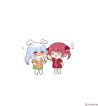  0725akaba 2girls :d ^_^ anger_vein animal_ears barefoot blue_hair braid brown_shirt cheek_pull chibi closed_eyes clothes_writing don-chan_(usada_pekora) hair_ribbon highres hololive houshou_marine multicolored_hair multiple_girls rabbit_ears red_hair red_ribbon red_shirt ribbon shirt short_sleeves simple_background smile translation_request twin_braids twintails twitter_username two-tone_hair usada_pekora virtual_youtuber white_background white_hair 