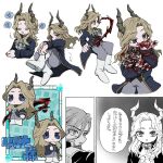  2boys ascot blonde_hair blood blood_on_clothes blood_on_face blood_on_hands blue_coat blue_eyes boots character_name chibi closed_eyes closed_mouth coat commentary_request demon_boy demon_horns expressionless full_body gem granat_(sousou_no_frieren) green_gemstone grey_pants hand_on_own_chin hand_up hemokinesis highres horns knee_boots long_hair long_sleeves looking_at_viewer lugner_(sousou_no_frieren) male_focus mob_kangaroo_chuui multiple_boys multiple_views open_mouth pants parted_bangs profile smile sousou_no_frieren speech_bubble sweatdrop translation_request white_ascot white_footwear 