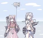  absurdres adapted_turret aircraft bikini black_bikini blue_sky bow braid cannon cloud commentary_request day dirigible grey_eyes hair_bow hair_flaps hakama highres horizon japanese_clothes kamikaze_(kancolle) kantai_collection kimono long_hair machinery meiji_schoolgirl_uniform mole mole_under_eye ocean official_alternate_costume outdoors parted_bangs pink_hakama purple_eyes purple_hair red_kimono single_braid sky smokestack swimsuit tatahai torn_clothes turret umikaze_(kancolle) umikaze_kai_ni_(kancolle) very_long_hair white_hair yellow_bow 