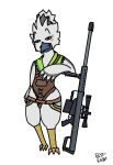  2023 anthro avian beak biped bird blue_eyes breath_of_the_wild clothed clothing colored english_text feather_hands feathers fur gun hi_res male nintendo pastelliot_(artist) ranged_weapon rifle rito signature simple_background smug sniper_rifle solo tears_of_the_kingdom text the_legend_of_zelda tulin_(tloz) weapon white_background white_body white_fur 