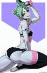  1girl absurdres ass cyberpunk_(series) cyberpunk_edgerunners double_bun green_eyes green_hair gun hair_bun handgun heterochromia highres kneeling looking_at_viewer panties pink_eyes rebecca_(cyberpunk) solo stopu tattoo thick_thighs thighhighs thighs toned tongue tongue_out underwear weapon 