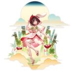  1girl :3 absurdres animal_ears bamboo black_hair carrot dress floppy_ears highres hood inaba_tewi looking_at_viewer pink_dress rabbit rabbit_ears rabbit_girl rabbit_tail red_eyes smile socks solo tail touhou transparent_background u_u_zan white_socks 