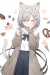  1girl absurdres animal_ears black_skirt blush cake cake_slice cat_ears cat_tail checkerboard_cookie closed_eyes closed_mouth coat cookie doughnut eating food fork grey_coat grey_hair highres holding holding_fork ice_cream inuyayo long_sleeves mole mole_under_eye open_clothes open_coat original pleated_skirt pretzel sailor_collar short_hair skirt solo tail white_sailor_collar 
