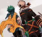  2boys alternate_hair_color ankle_boots aqua_bodysuit arms_at_sides baggy_pants belt black_footwear black_mask black_pants blue_gloves boku_no_hero_academia boots brown_hair cape chiyaya clothing_request cowboy_shot dutch_angle explosive eye_mask feet_out_of_frame floating_cape from_behind gloves glowing green_gloves green_hair grenade grey_background grey_gloves gun hairstyle_request high_collar highres light_particles machine_gun male_focus midoriya_izuku multiple_boys official_alternate_costume pants pouch short_hair side-by-side single_vertical_stripe spiked_hair spoilers toned toned_male walking weapon yellow_cape 