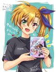  1girl artist_name black_shirt blonde_hair blush breasts dated hair_ribbon heterochromia long_hair looking_at_viewer lyrical_nanoha mahou_shoujo_lyrical_nanoha_strikers mahou_shoujo_lyrical_nanoha_vivid medium_breasts open_mouth ribbon san-pon shirt side_ponytail simple_background smile solo upper_body vivio 