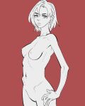  1girl breasts collarbone commentary completely_nude cropped_legs english_commentary expressionless from_side hands_on_own_hips highres looking_to_the_side monochrome nipples nude original red_background short_hair sillvi simple_background solo standing 