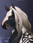  2021 anthro black_body black_fur blonde_hair blue_eyes bust_portrait cloud digital_media_(artwork) digital_painting_(artwork) equid equine fur hair hi_res horse long_hair male mammal night outside portrait shaded signature sky solo white_body white_fur wolfbane154 