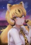  1girl animal_ear_fluff animal_ears animal_print blonde_hair blush breast_pocket breasts brown_hair cheetah_(kemono_friends) cheetah_ears cheetah_print collared_shirt colored_inner_hair commentary_request dated elbow_gloves extra_ears eyelashes eyeshadow fidgeting gloves gradient_sky hair_between_eyes hand_up highres holding holding_hair kemono_friends large_breasts long_hair looking_at_viewer low_twintails makeup multicolored_hair necktie night outdoors parted_bangs parted_lips playing_with_hair playing_with_own_hair pocket print_gloves print_necktie purple_eyeshadow shirt short_sleeves sky solo taut_clothes taut_shirt tsuppushi tsurime twintails two-tone_hair upper_body very_long_hair white_shirt wing_collar yellow_eyes 