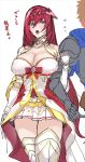  1boy 1girl armor bare_shoulders blue_eyes blue_shirt breasts cleavage dating dress godsworn_alexiel gran_(granblue_fantasy) granblue_fantasy hair_ornament highres holding_hands large_breasts mogi_yasunobu open_mouth red_hair red_ribbon ribbon shingeki_no_bahamut shirt shoulder_armor thighs white_dress 