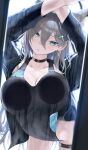  1girl absurdres animal_ear_fluff animal_ears black_jacket blue_archive blue_eyes blush breasts choker cleavage collarbone cross_hair_ornament extra_ears grey_hair hair_ornament halo highres jacket kazane-wind large_breasts long_hair looking_at_viewer shiroko_(blue_archive) shiroko_terror_(blue_archive) sidelocks solo wolf_ears 
