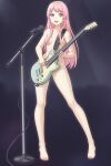  1girl :d bang_dream! bang_dream!_it&#039;s_mygo!!!!! barefoot blue_eyes chihaya_anon collarbone commentary_request completely_nude da_akana_xiv full_body hair_over_eyes highres holding holding_instrument instrument long_hair looking_at_viewer microphone microphone_stand music nude open_mouth pink_hair playing_instrument smile solo standing teeth thighs toenails toes upper_teeth_only 