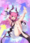  1girl ;d absurdres arm_up armpits bare_shoulders barefoot blue_eyes blush character_request commentary_request copyright_request demon_girl demon_horns demon_tail dress fang frilled_dress frills full_body happy highres horns huai_diao_de_zongzi long_hair looking_at_viewer one_eye_closed open_mouth pink_hair pointy_ears purple_dress smile soles solo tail 