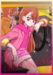  1boy 1girl asymmetrical_bangs bracelet brown_hair car_interior good_morning hijiri_ageha hirogaru_sky!_precure hood hoodie jacket jacket_over_hoodie jewelry kamikita_futago long_hair official_art open_clothes open_jacket orange_hair pink_hoodie pink_jacket pink_skirt precure purple_eyes red_eyes ring sitting skirt yellow_jacket yuunagi_tsubasa 