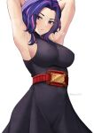  1girl absurdres armpits arms_behind_head arms_up belt black_dress boku_no_hero_academia breasts dress highres impossible_clothes impossible_dress lady_nagant large_breasts medium_hair multicolored_hair nassss purple_eyes purple_hair sideboob sleeveless sleeveless_dress sleeveless_turtleneck solo streaked_hair sweat taut_clothes taut_dress turtleneck turtleneck_dress twitter_username two-tone_hair wavy_hair 