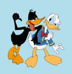  anatid annoyed anseriform anthro avian beak bird bottomless clothed clothing crossover daffy_duck disney donald_duck duck duo eye_contact hi_res looking_at_another looney_tunes male open_mouth scottforester17 simple_background warner_brothers 