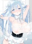  1girl arms_up bare_shoulders blue_eyes blue_hair bow breasts commentary_request copyright_request covered_nipples dress frilled_dress frills fujiyama hair_bow hand_in_own_hair huge_breasts large_bow long_hair looking_at_viewer maid maid_headdress nipples see-through solo sweat wet wet_clothes wet_hair white_bow white_dress 