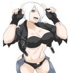  1girl abs angel_(kof) backless_pants blue_eyes bra breasts chaps cleavage cropped_jacket finger_horns fingerless_gloves gloves hair_over_one_eye highres horns_pose index_fingers_raised jacket large_breasts leather leather_jacket looking_at_viewer midriff navel panties pants ryu3224 short_hair smile snk solo strapless strapless_bra the_king_of_fighters the_king_of_fighters_xiv toned underwear white_hair 