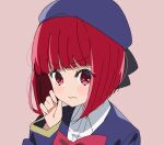  1girl arima_kana beret blue_headwear blue_jacket blush bow brown_background closed_mouth collared_shirt dress_shirt hand_up hat jacket long_sleeves looking_at_viewer meito_(maze) oshi_no_ko red_bow red_eyes red_hair shirt simple_background solo v-shaped_eyebrows wavy_mouth white_shirt 