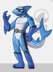  4_fingers absurd_res anthro arm_fins biped boots clothing countershade_tail countershade_torso countershading fin fingers fish footwear gloves glowing glowing_eyes hacony handwear hi_res latex living_costume male marine rubber shark shark_tail solo tail zentai 