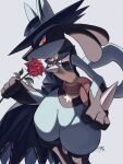  black_cape black_headwear brown_bag cape closed_mouth commentary_request flower grey_background hat highres holding holding_flower kuchiba_(jret2454) looking_down lucario pink_eyes pokemon pokemon_(creature) red_flower signature smile solo 