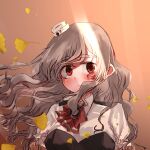  1girl ascot autumn_leaves black_corset blush brown_eyes closed_mouth collared_shirt corset ginkgo_leaf grey_hair highres kantai_collection leaf long_hair mizunototori pola_(kancolle) red_ascot shirt solo upper_body wavy_hair white_shirt 